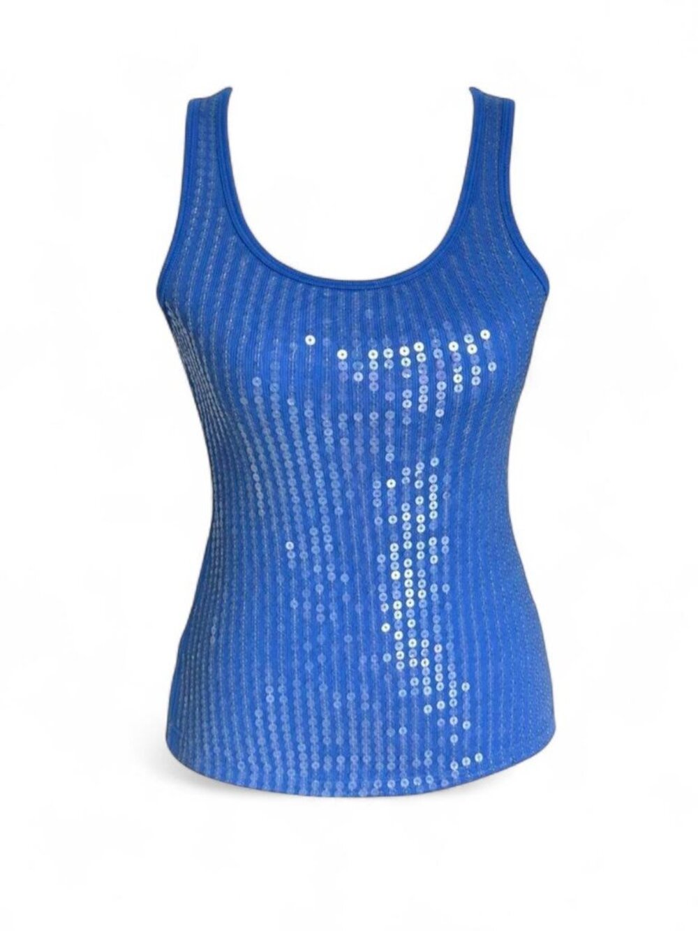 Blue tank top with clear sequins on front from the brand younique